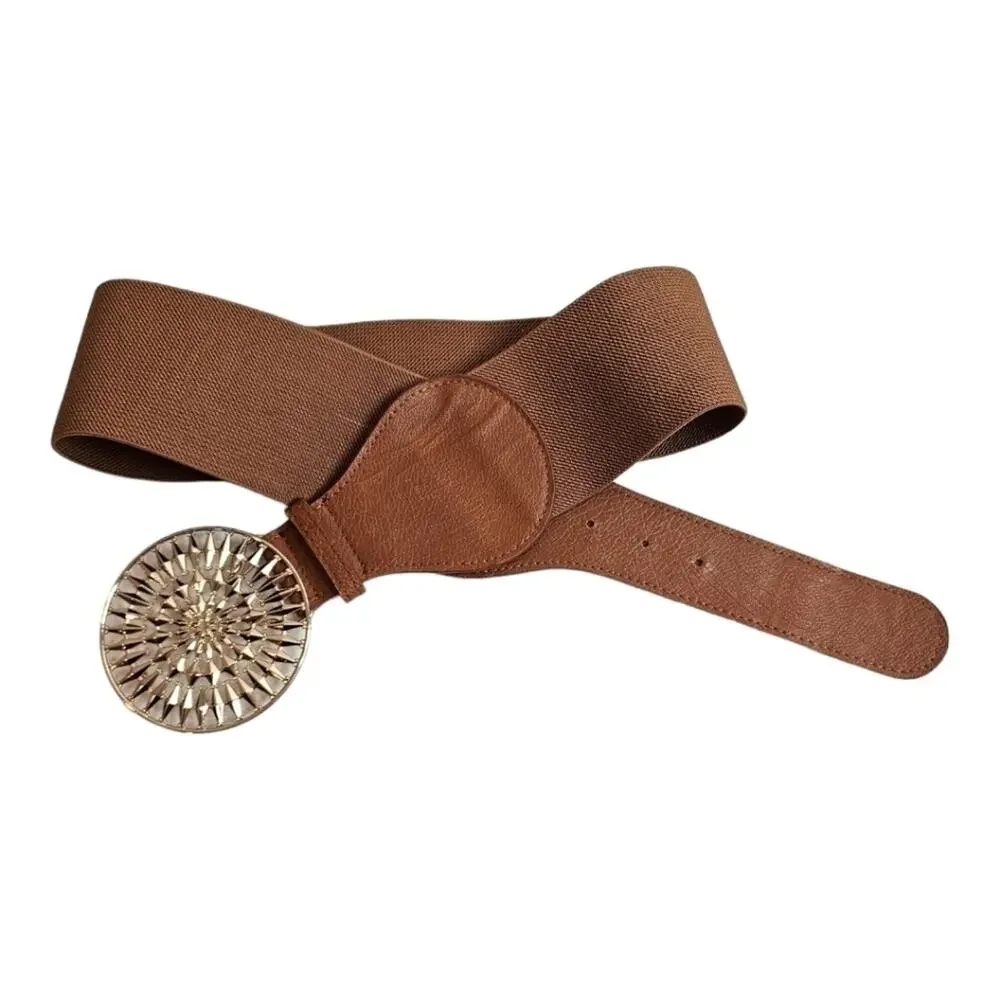 Elastic Belt with Gold Toned Buckle and Faux Leather